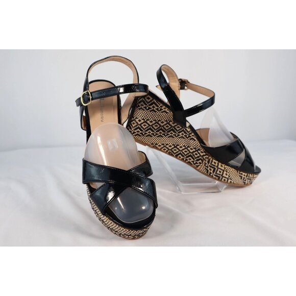 CL By Laundry Black‎ Patent Leather & Woven Raffia Pattern Wedge Sandals Size 11 - Picture 1 of 9